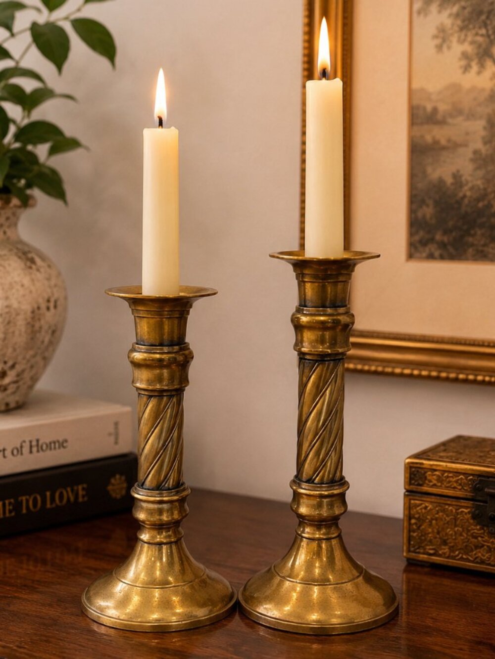 Vintage Solid Brass Candlesticks Set of 2 Twisted Barley Twist India Graduated